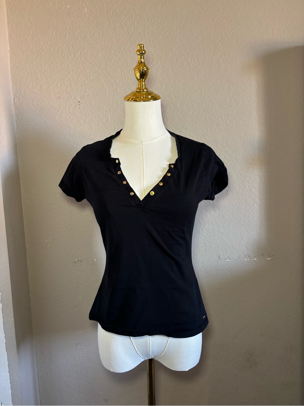 Guess Black Short-Sleeve V-Neck Tee with Gold Studs
